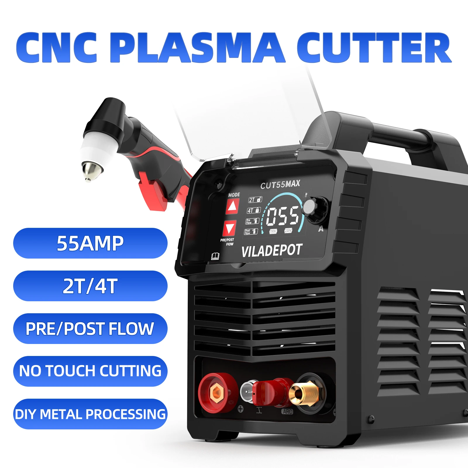 Viladepot CUT55 MAX Plasma Cutter 220V 55A Non-contact Cutting Pilot Arc IGBT Inverter DIY Plasma Cutting Machine 15mm 2T/4T