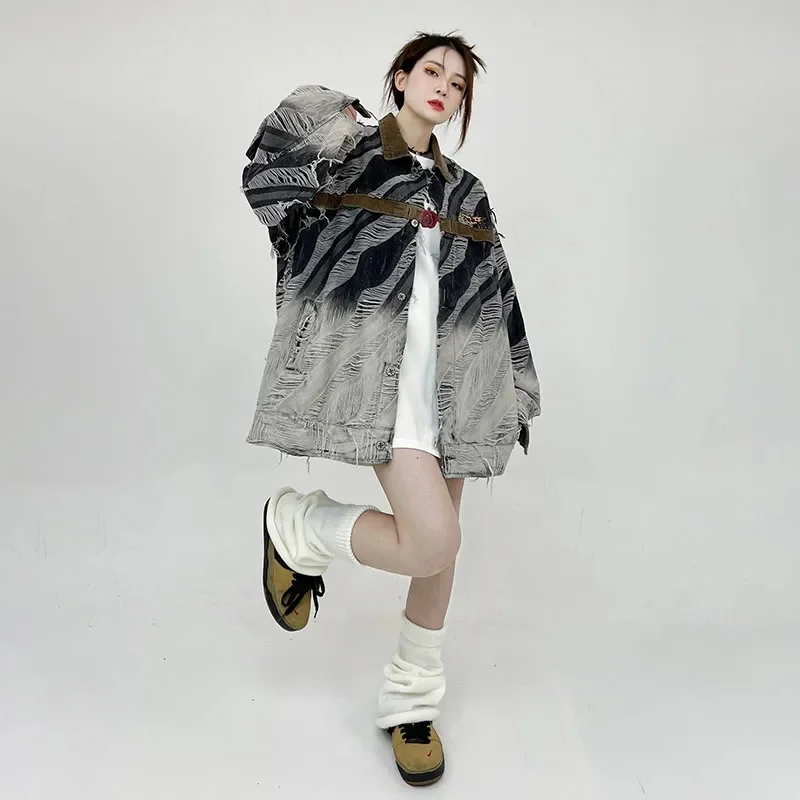 2024 Spring and Autumn New Zebra Pattern Coat Women's Trendy Brand Broken Hole Retro Spliced Corduroy Flip Neck Jacket Commuter