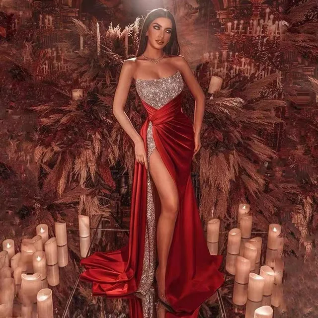 Sexy Strapless Sequin Prom Gown Slit Gala Dress with Large Swing for Women Oversized Elegant Evening Party Cocktail Wear Dresses Ranked Product Recommendation