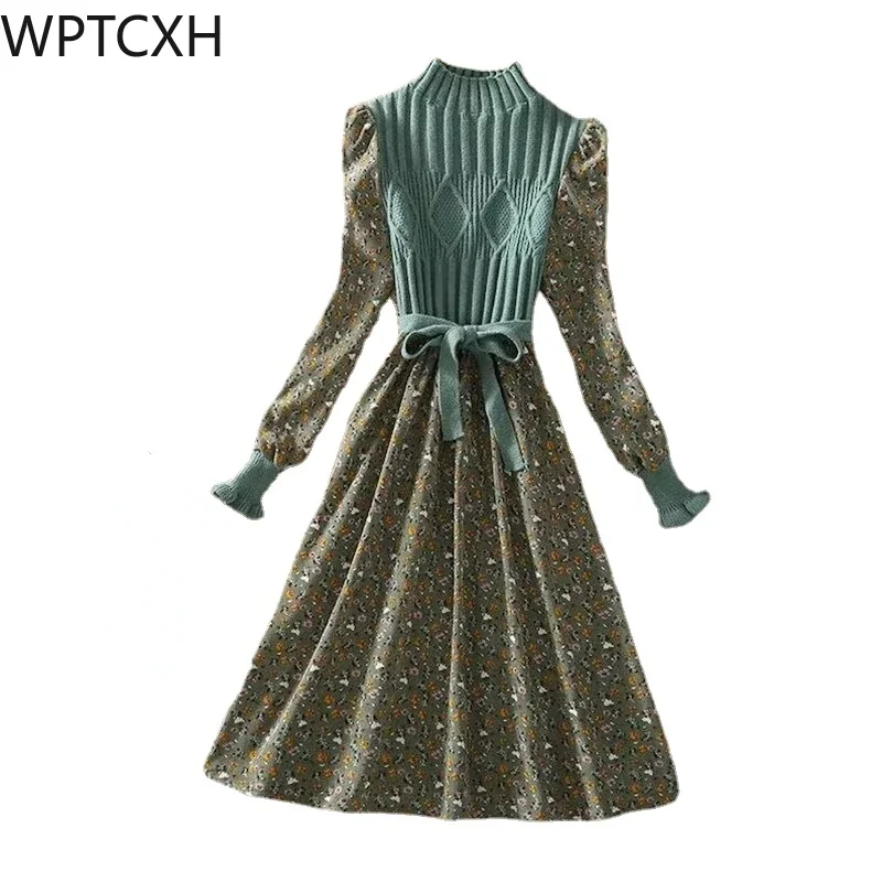 

2024 Spring Women Dress Floral Print Knitted Y2k Patchwork Dress Casual O Neck Long Sleeve Dress for Women Sexy Vintage Long