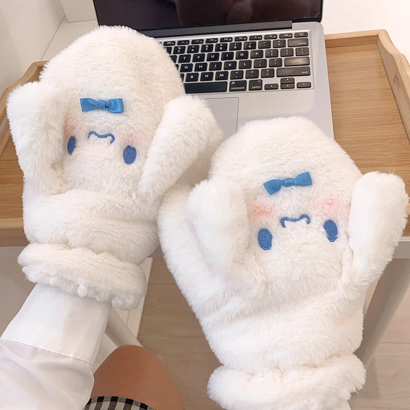 

Kawaii Sanrio Cinnamoroll Anime Girls Flip Cover Gloves Scarf Student Keep Warm Antifreeze Plush Thicken Gloves Scarf Set Gifts