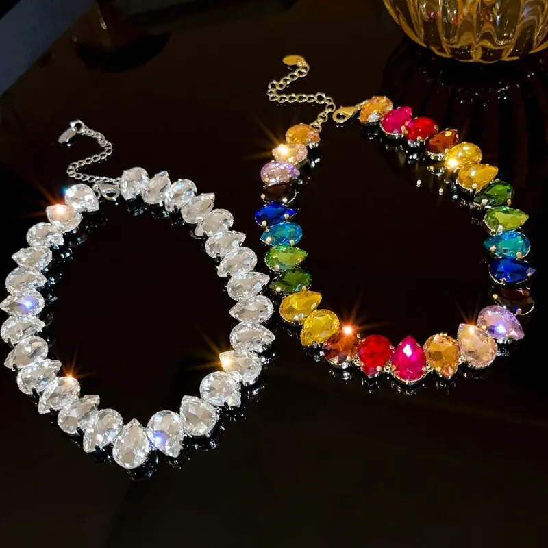S5e9e4ee5c6f5427a920260ef649b1343R Colorful Rhinestone Crystal Necklace For Women Luxury Fashion Water Drop Choker Necklaces for Party Wedding Bridal Jewelry Mallzona
