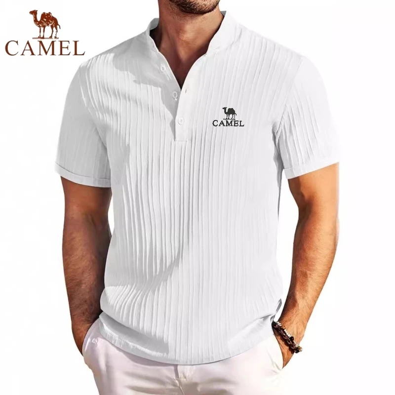 High End Embroidered CAMEL Cotton and Linen Striped Henry Polo Shirt, New Summer Men's Retro Fashion Casual Short Sleeved Top 13 S5e9e53af3c014916b3ab4e7427002e45s