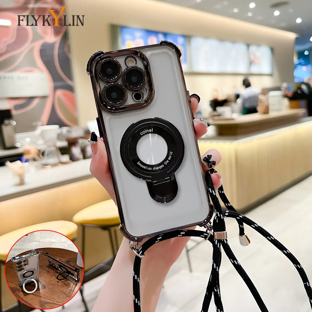 Luxury Metal Bracket Transparent Phone Case with Hanging Rope