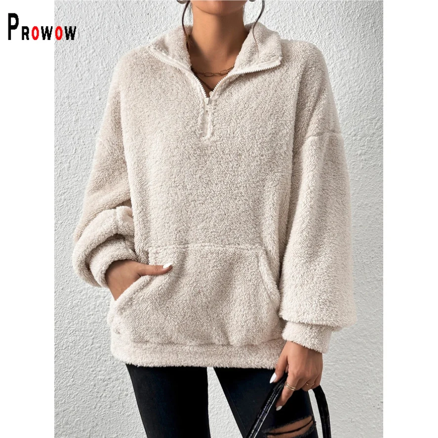 

Prowow Fashion Pleuche Women Sweatshirts Zipper Neck Thick Warm Fall Winter Female Tops Clothes Solid Color Loose Style Shirts