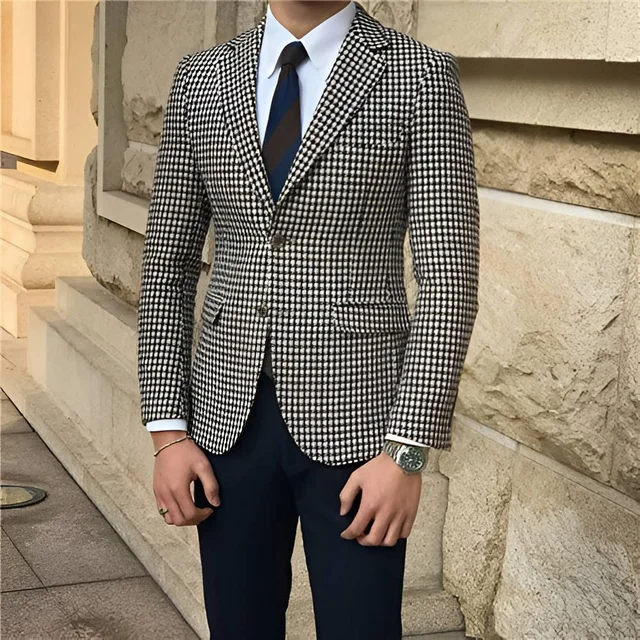 Houndstooth Plaid Casual Blazer for Men One Piece Suit Jacket with 2 Side Slit Slim Fit Male Coat Fashion 2024 In Stock - Image 3