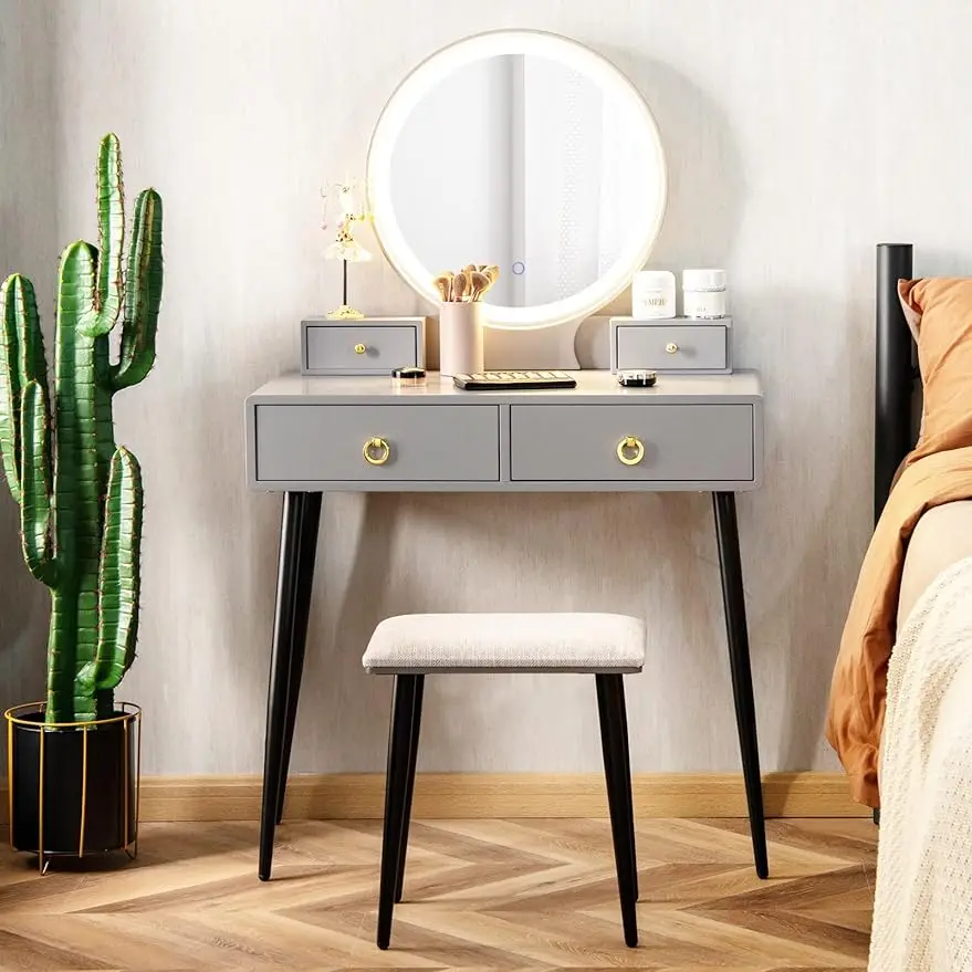 

CHARMAID Vanity Table Set with 3 Color Dimming Lighted Mirror, Makeup Dressing Table with 4 Storage Drawers and Jewelry Organize