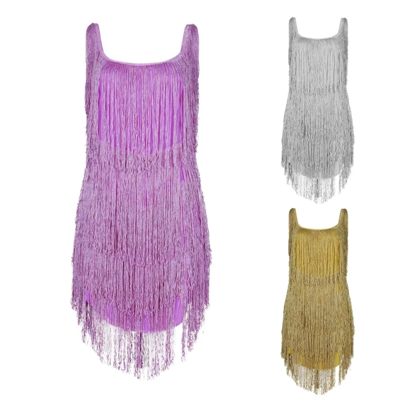

Sexy Style Backless Long Skirt Nightclub Glitter Tassel Sleeveless Loose Skirt