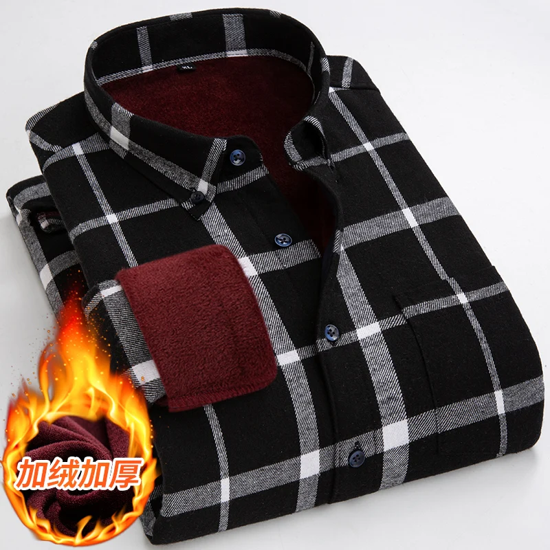 

Autumn Winter Mens Long Sleeve Plaid Warm Thick Fleece Lined Shirt Fashion Soft Casual Flannel Shirt Plus Big Size L-5XL