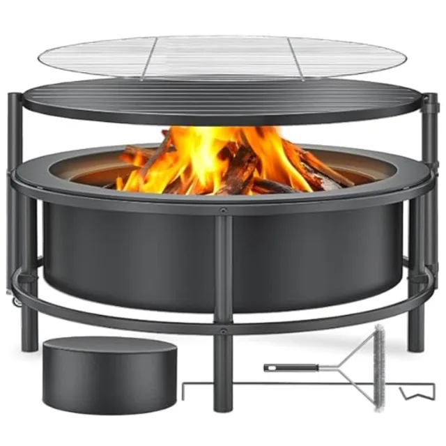 52-inch Large Outdoor Wood-Burning Fire Pit Stove with Rotating Table and BBQ Grill for Backyard Camping Cold-Finished Steel Ro 1
