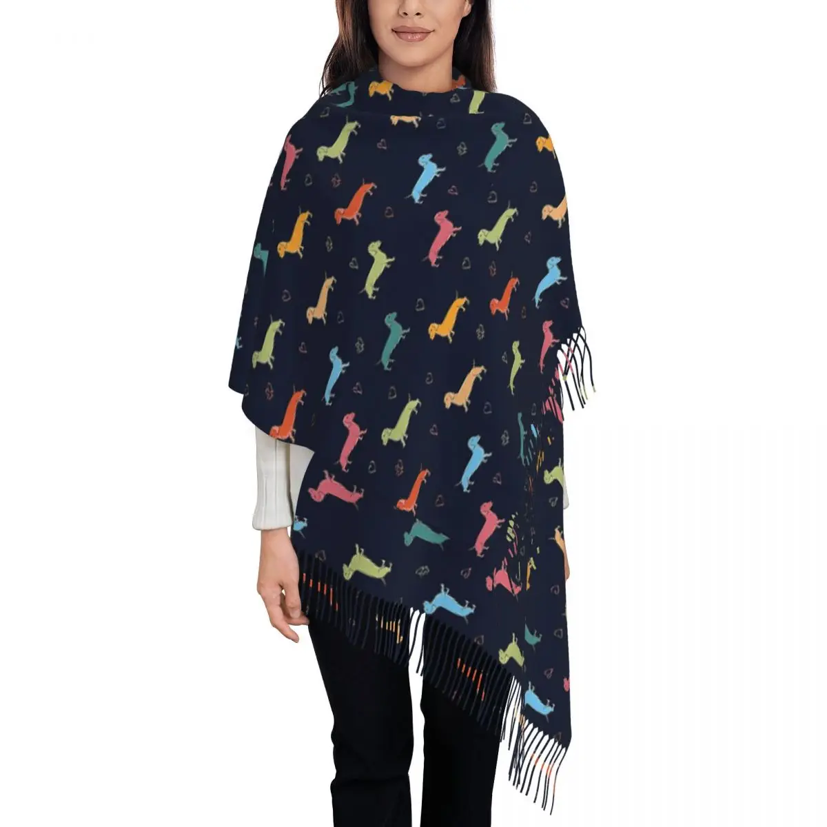 

Sausage Dog Shawl Wrap for Women Warm Long Soft Scarf Dachshund Wiener Doxie Pashmina Tassel Scarves