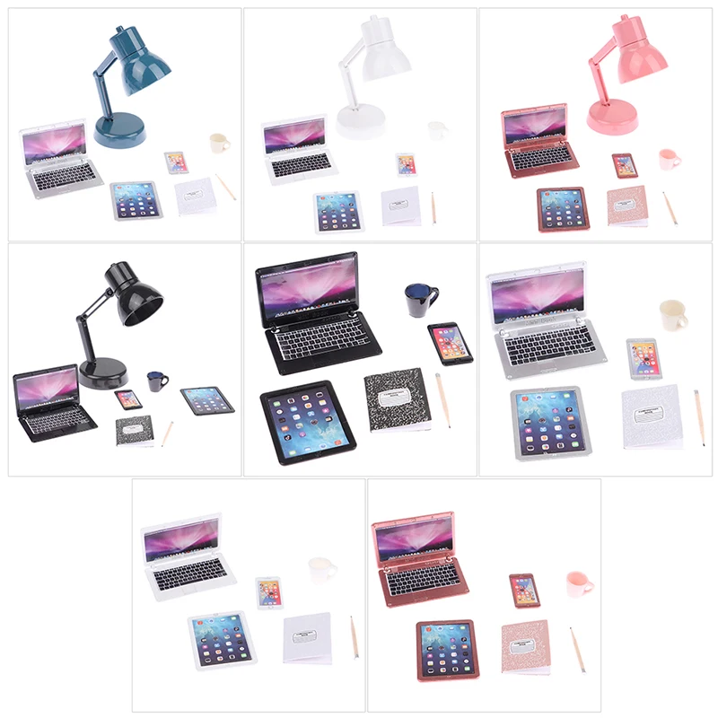 새로운 1:12 미니어처 인형의 집 노트북 휴대폰 태블릿 책상 램프 연필 책 컵 책상 세트 모델 홈 데코 장난감 인형 집 액세서리
