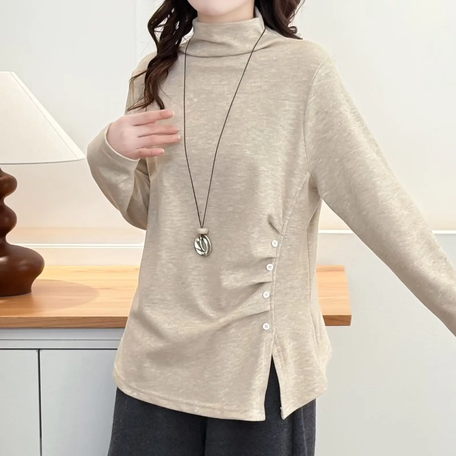 XXXXL Fashion Plus Size Women's T-Shirt New Autumn And Winter Style High Collar Pleated Slit Long Sleeved Tops 2521