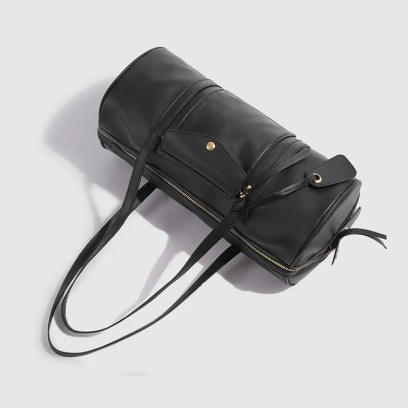 Retro Black Shoulder Bag For Women Zip Cylinder Leather Large Capacity Handbag Ladies Fashion Simple Versatile Crossbody Bag New