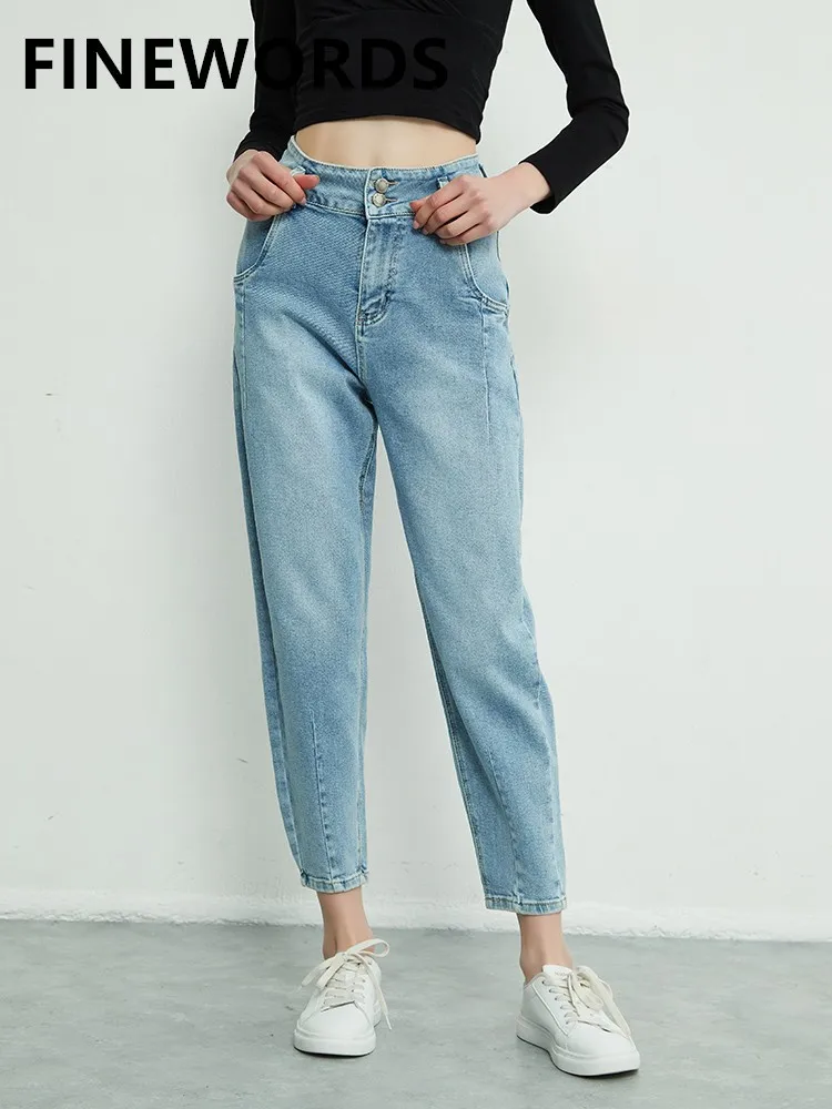 

FINEWORDS High Waist Harem Jeans Women 2022 Spring Blue Boyfriend Korean Jeans Vintage Loose Casual Streetwear Denim Mom Jeans