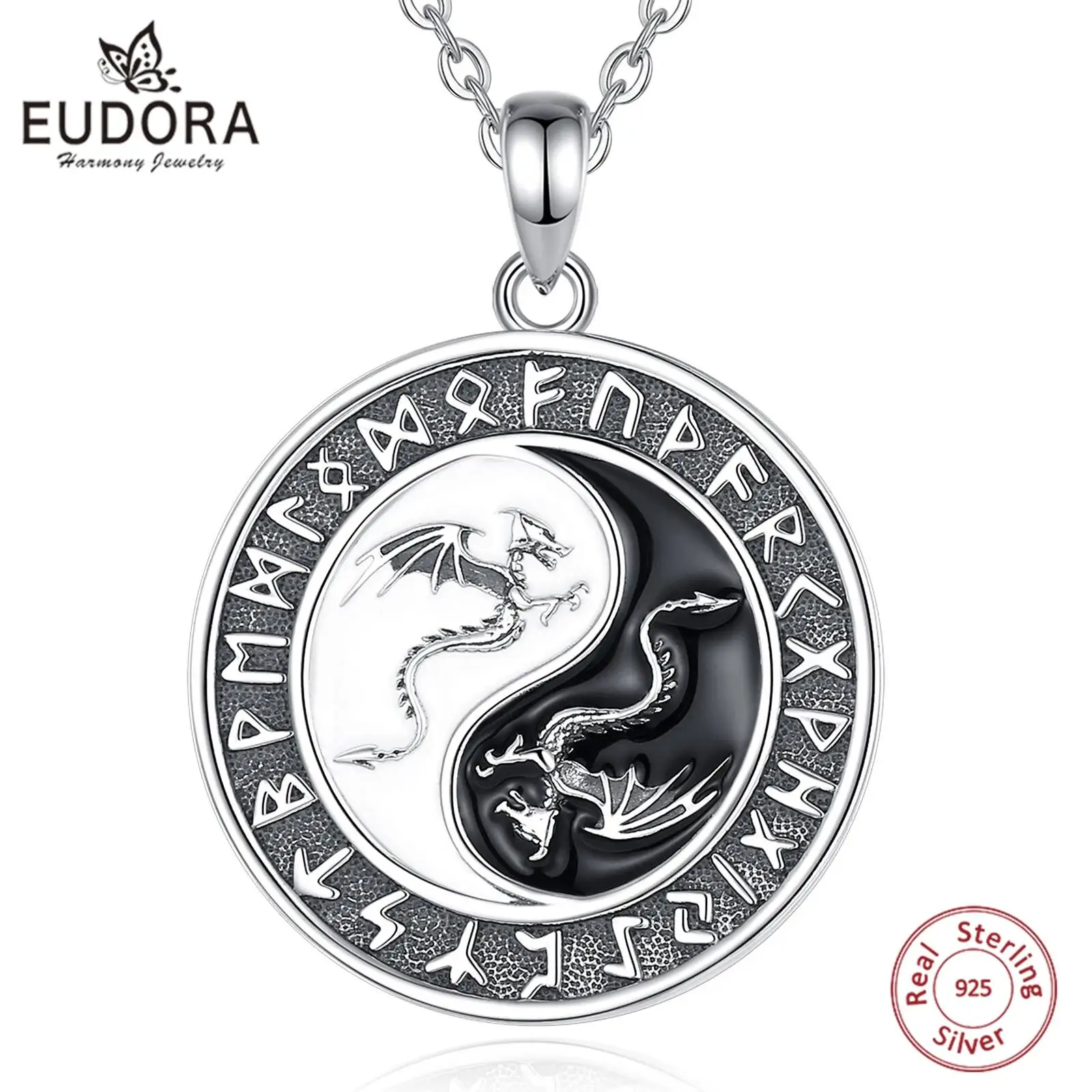 Eudora 925 Sterling Silver Viking Runes Dragon Necklace for Women Man Yin Yang Tai Chi Amulet Pendant Personality Jewelry Gift pendant necklace silver necklace silver necklace charms