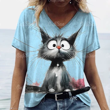 Summer Women's T Shirt Cat Print Casual Short Sleeve 3d T-Shirts Fashion Streetwear Crew Neck Pullover Female Oversized Clothing 2