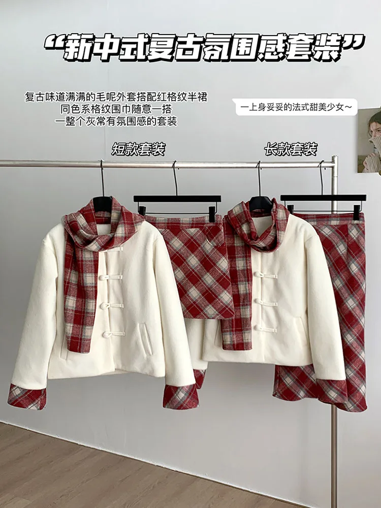 new-chinese-style-outfits-2-piece-set-cozy-single-breaste-outerwear-high-waist-sweet-red-plaid-skirts-coquette-formal-occasion