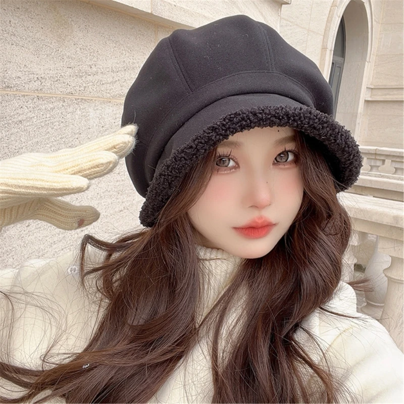 여성용 플러시 베레모 모자 쿨 소녀 드라이버 캡 통기성 모직 팔각형 모자 D46A