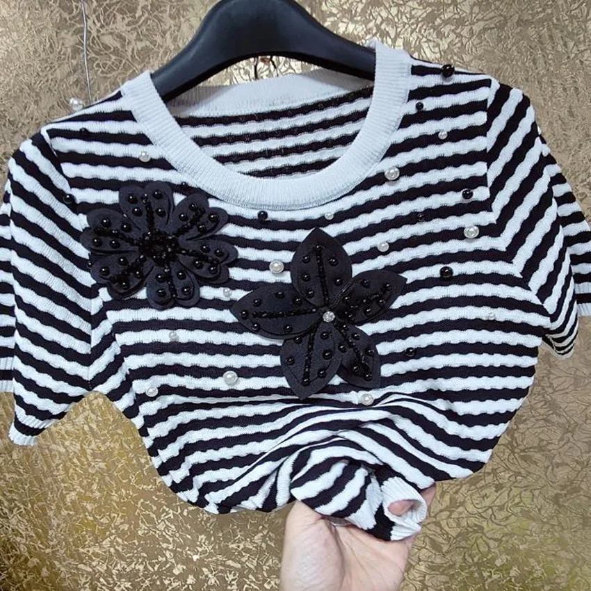 

Beading Flower Knitted Striped T-shirt Women Summer Small Fragrance Tops Tees