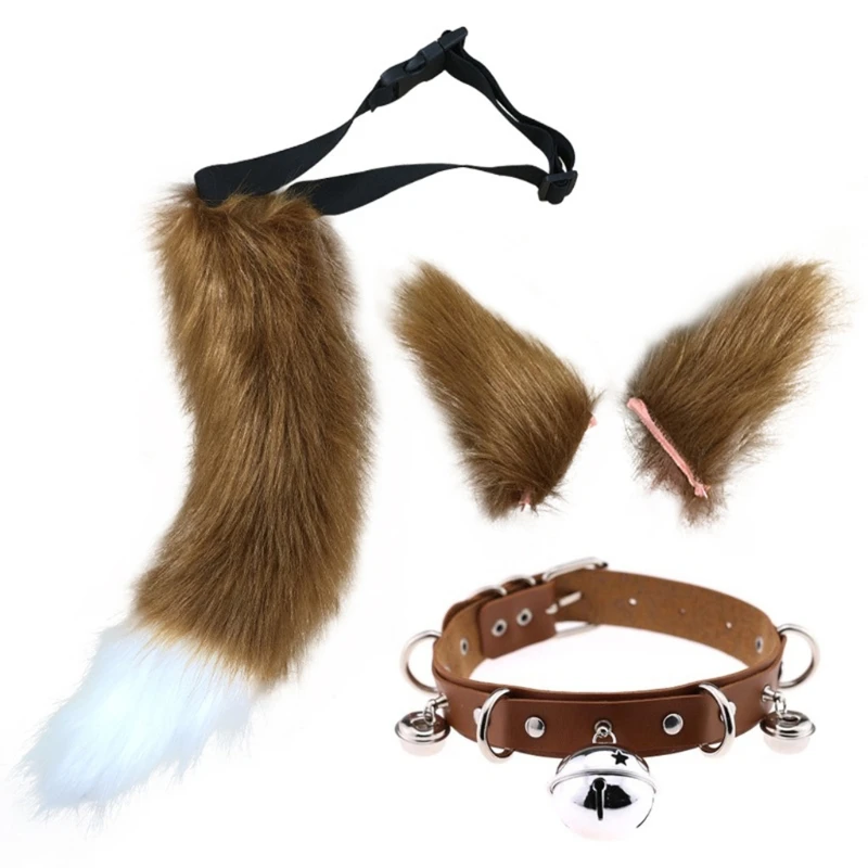 

Faux Fur Kitten Wolf Long Tail Ears Hair Clips and Faux Leather Neck Collar Choker Set Anime Halloween Party Cosplay