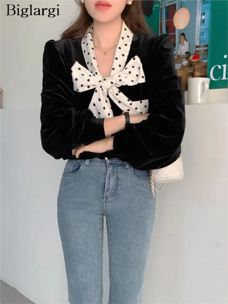 

Женская блузка в горошек, с длинным рукавом и бантом