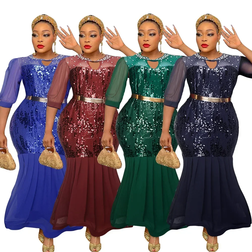 

African Wedding Dresses for Women Dashiki Ankara Sequin Outfits Gown Plus Size Turkey Evening Party Long Maxi Dress Lady Clothes
