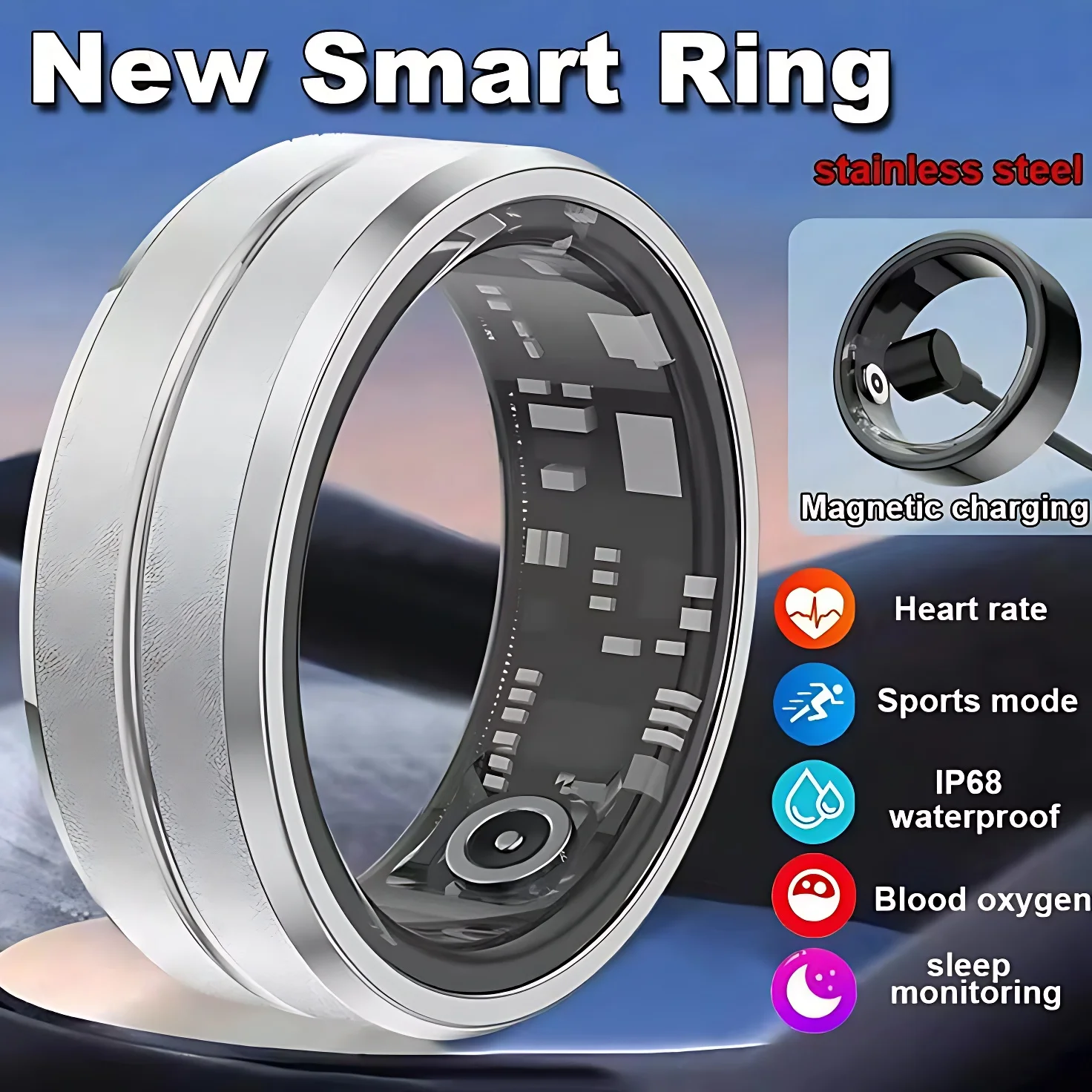

Waterproof Bluetooth Smart Ring Blood Oxygen Pressure Monitor 100+Sport Modes Fitness Tracker Wearable Men Women Ring