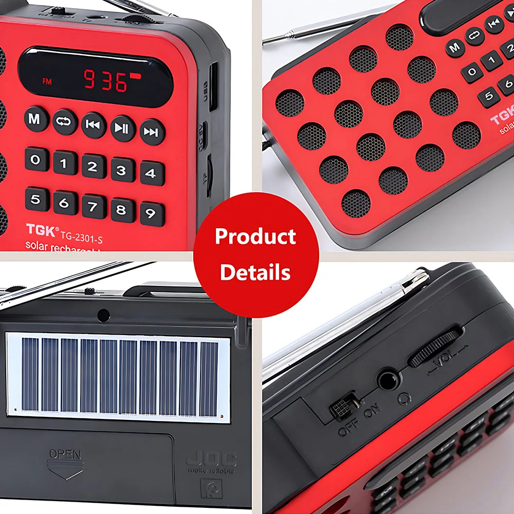 Portable Car FM Radio Solar Rechargeable Radio Bluetooth Speaker Radio Support USB TF Card MP3 Music Player Telescopic Antenna