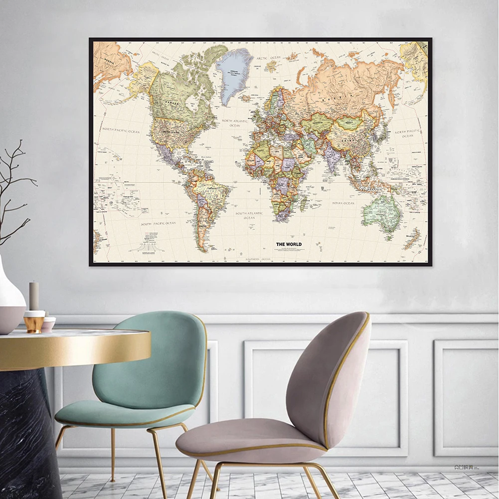 59*42cm Retro World Map Detailed Map of Major Cities In Each Country Non-woven Vintage Map Home Decoration Wall Poster