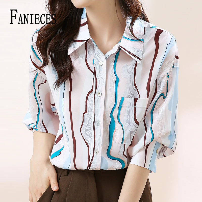 

Модная повседневная женская шифоновая рубашка FANIECES, Осенние Топы с длинным рукавом, Офисная Женская блузка с принтом в полоску, элегантные женские рубашки
