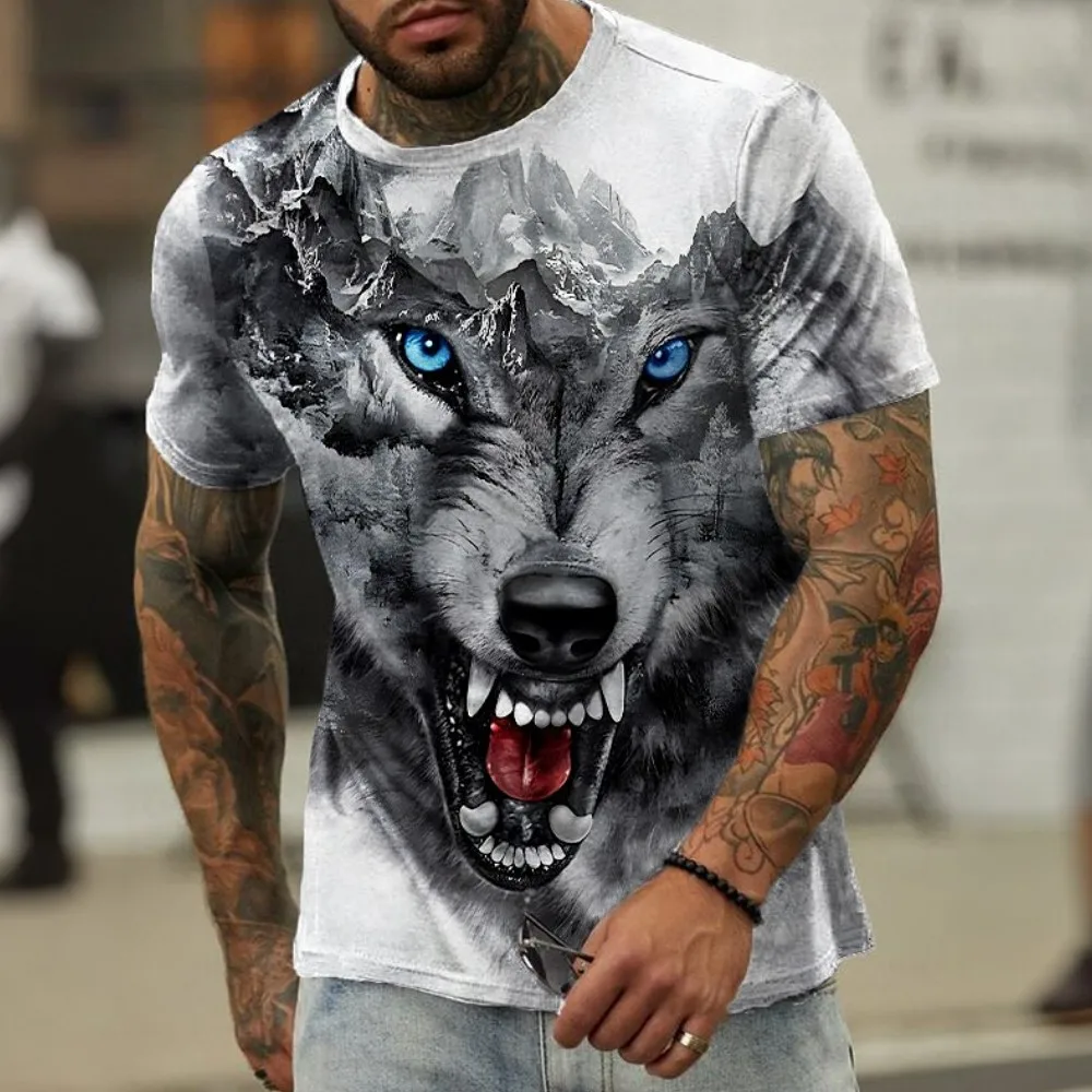 Camiseta animal de manga curta masculina, camiseta estampada lobo 3D, camiseta respirável, streetwear casual extragrande, roupa de verão, moda