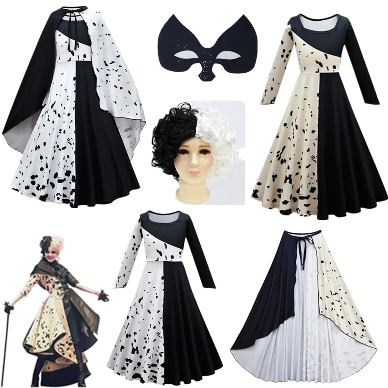 

2021 New Movie Evil Madame Cruella De Vil Cosplay Costume Kids Gown Black White Maid Dress Halloween Party dress with cloak wig