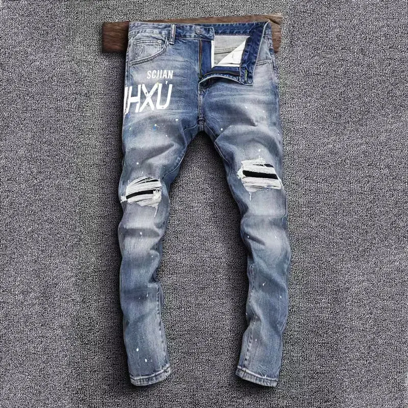 Streetwear Fashion Vintage Men Jeans Retro Blue Elastic Slim Fit Painted Ripped Jeans Men Printed Designer Hip Hop Denim Pants