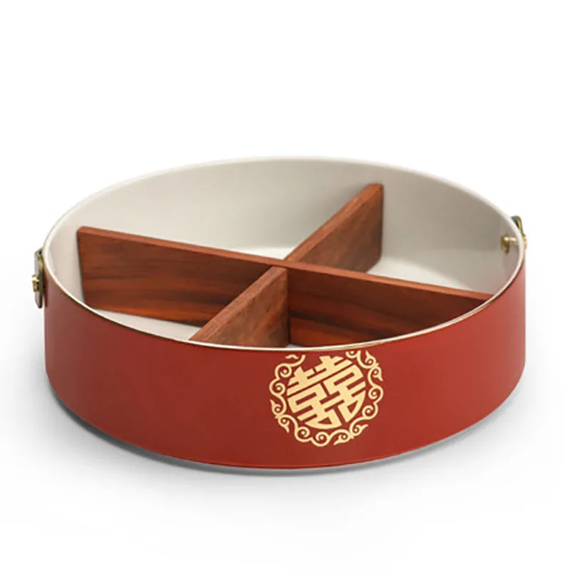 Round Ceramics Divided Serving Tray with Lids, Snack Fruit Tray, 4 Compartment, Round Storage, Lunch Food Organizer Box