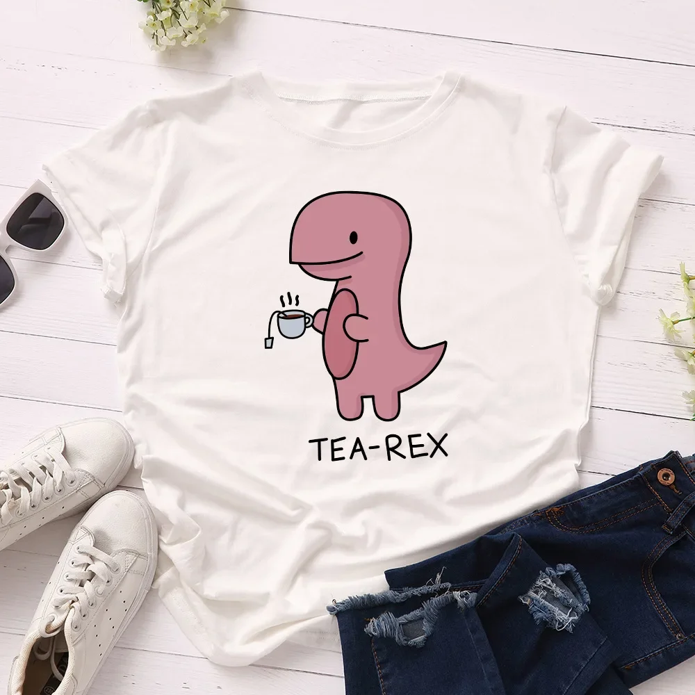 JFUNCY Camisetas de gran tamaño con estampado de dinosaurio de dibujos animados para mujer, camisetas holgadas informales de manga corta para mujer, camisetas de algodón de verano para mujer