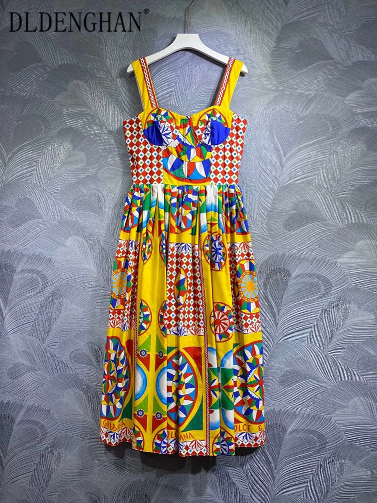 

DLDENGHAN Summer 100% Cotton Backless Dress Women Spaghetti Strap Multicolor Print Indie Folk Midi Dresses Fashion Designer New