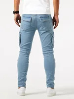 Pantalon de travail en denim pour hommes, délavé, couleur unie, multi-poches, décontracté, taille moyenne, coupe cintrée, vêtements quotidiens, pantalon de jogging 5