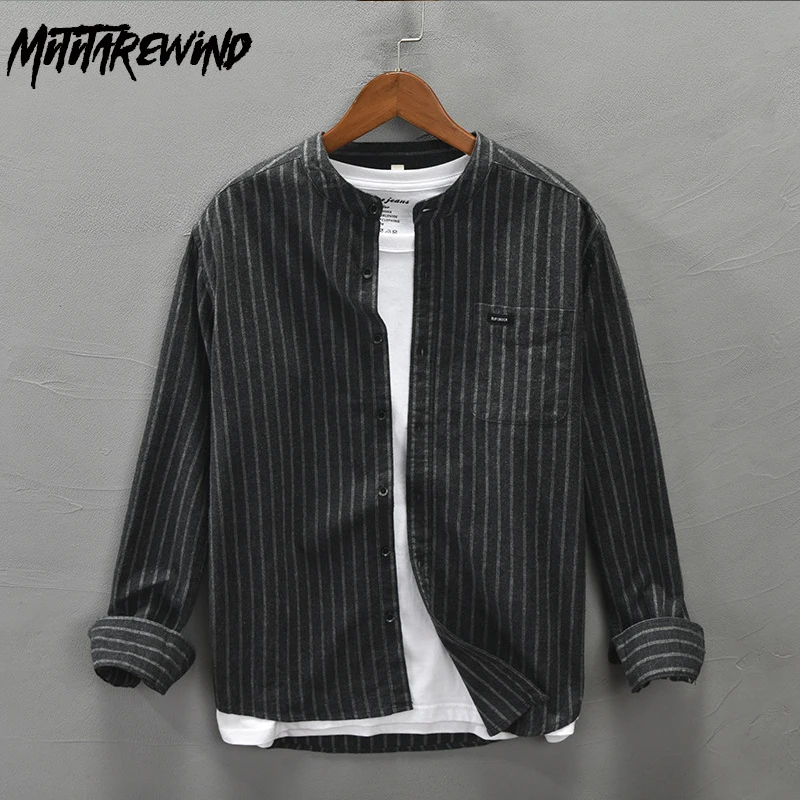 

Japanese Shirt Men Daily Causal Shirts Pure Cotton New in Shirts Stand Collar Pocket Striped Long Sleeve Shirt Vintage Clothes