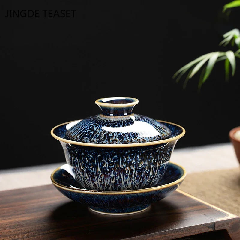 Jingdezhen Retro Ceramic Tea Gaiwan Teacup Handmade Tea Tureen Chinese Ru Kiln Tea Bowl Luxury Tea Set Accessories Master Cup