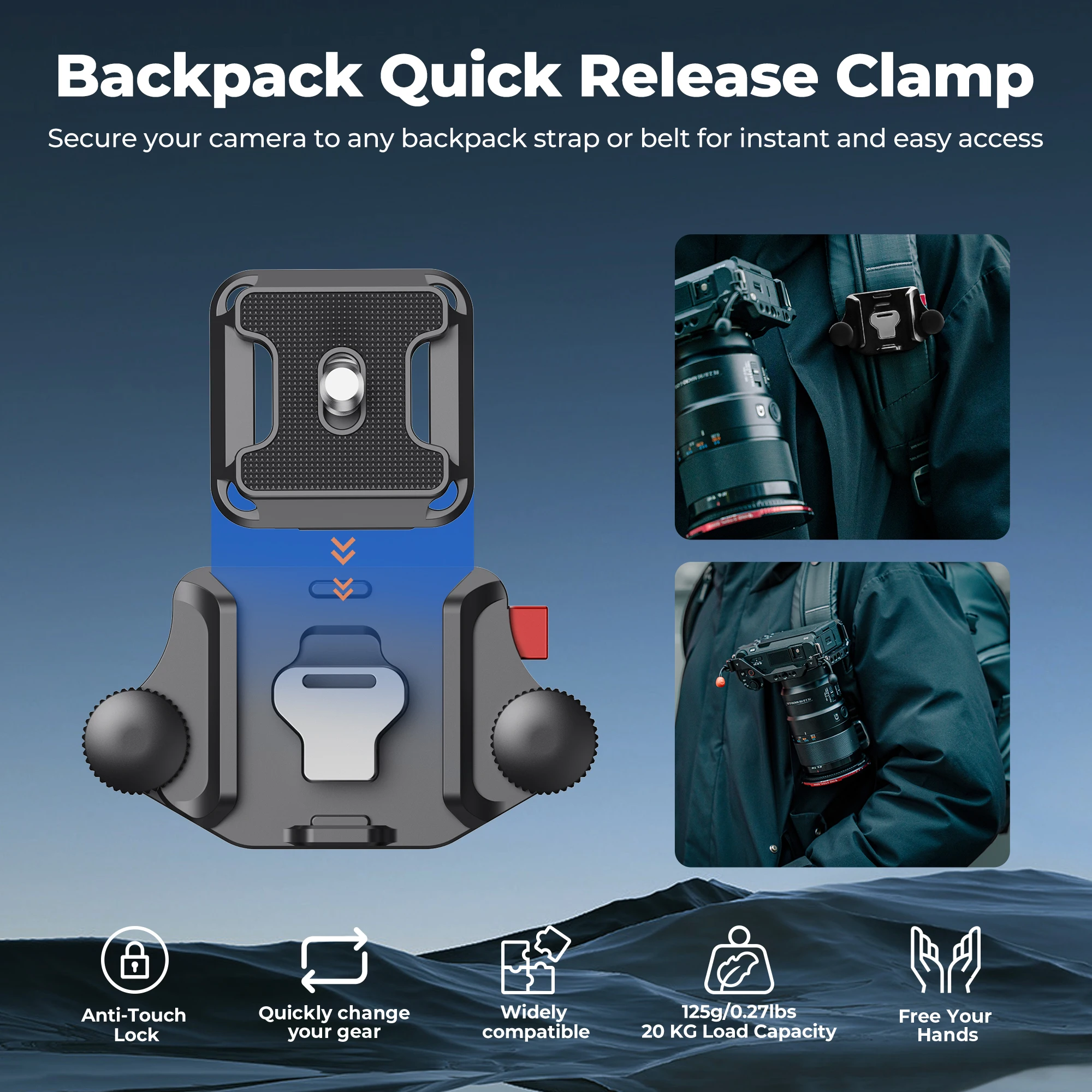 Backpack Quick Release Clamp Compatible DSLR Cameras and 1/4" Screw Devices Ligh