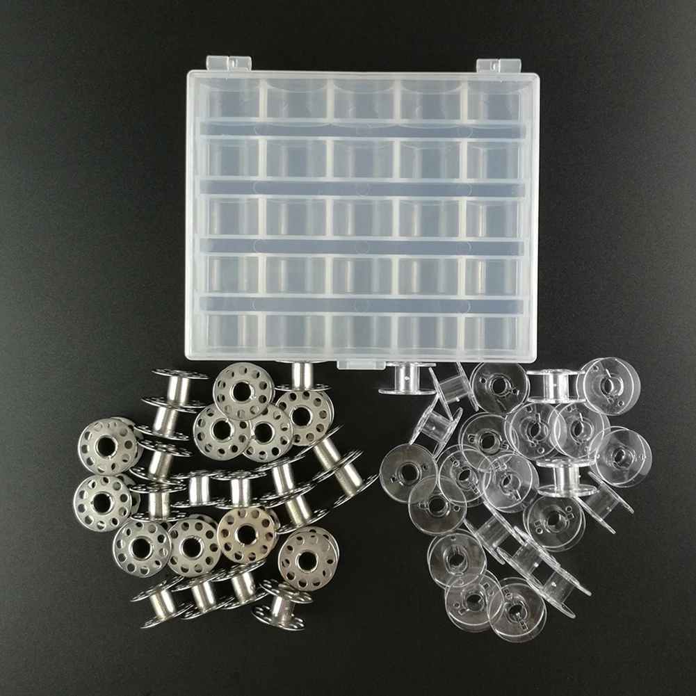 

25PCS Sewing Machine Empty Bobbins Metal Sewing Machine Thread Spools Empty Thread Spools Plastic Storage Box Home Sewing Tools