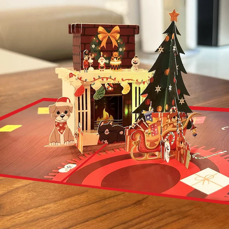 3D Musical Christmas Pop-Up Card With LED Lights - Merry Christmas Greeting Card With Envelope