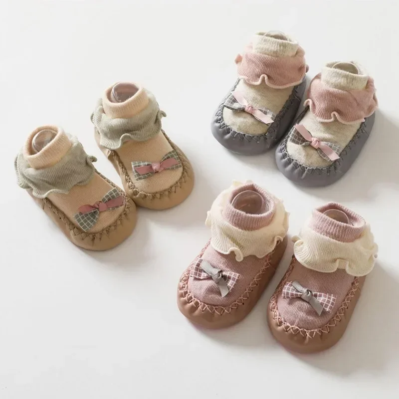 0-30Months Baby Socks Shoes Ruffled Edge Bow Baby Girls Spring Autumn Indoor Anti Slip Soft Sole Princess Flooring Sock Shoes 5