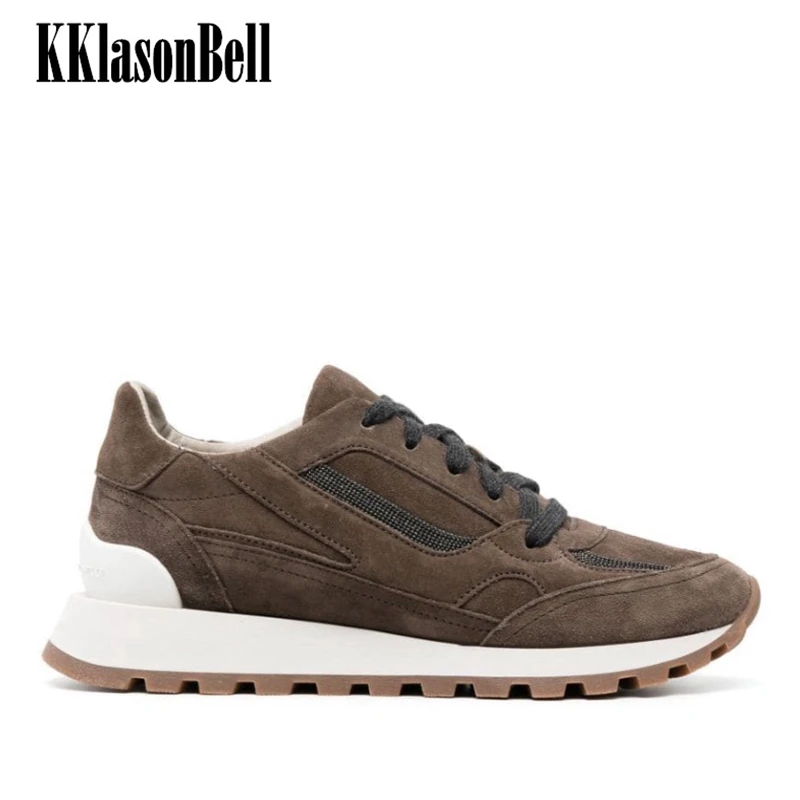 

12.2 KKlasonBell Casual Sneakers Women Cow Suede Bead Chains Comfortable Lace-Up Shoes