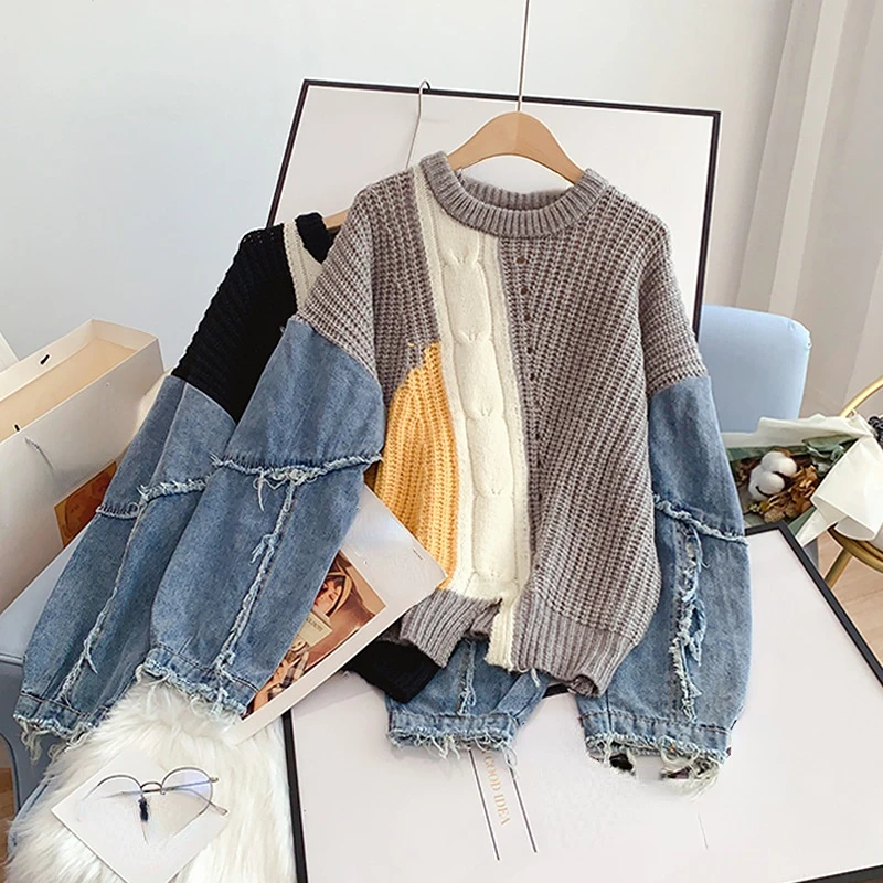 

Denim Patchwork Knitted Women Sweater Pullovers Autumn Winter Thicken Warm Loose Female Pulls Outwear Coats Top Quality