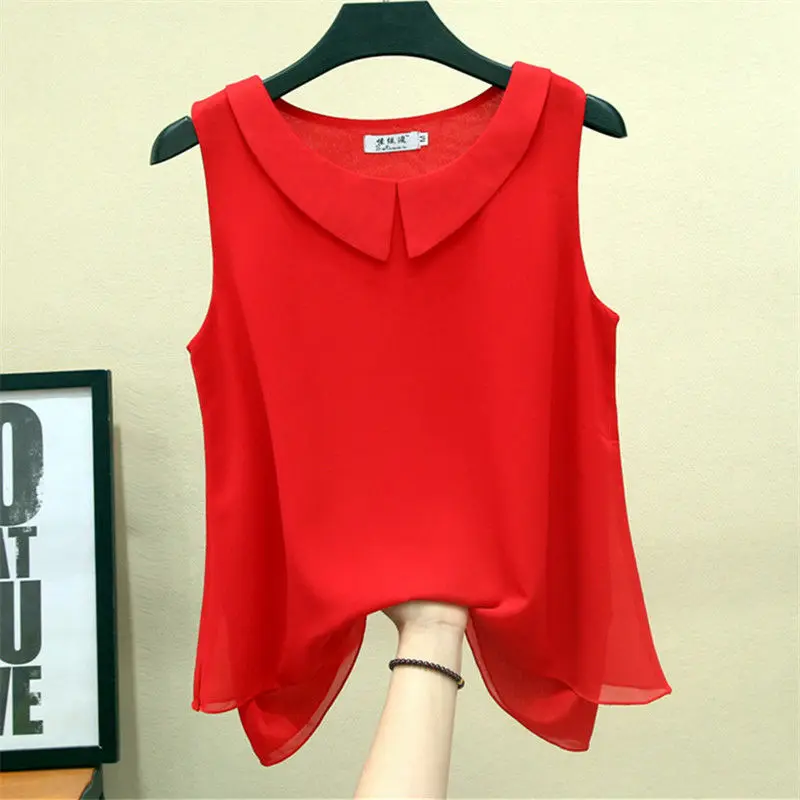 2023 New Summer Fashion Trend Commuting Simple Age Reducing Doll Neck Casual Loose Solid Color Versatile Sleeveless Shirt
