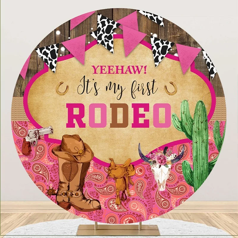 

Розовый фон Cowgirl с круглой обложкой мой первый Родео день рождения девушки вечерние Декор баннер круг фото фон для фотографии