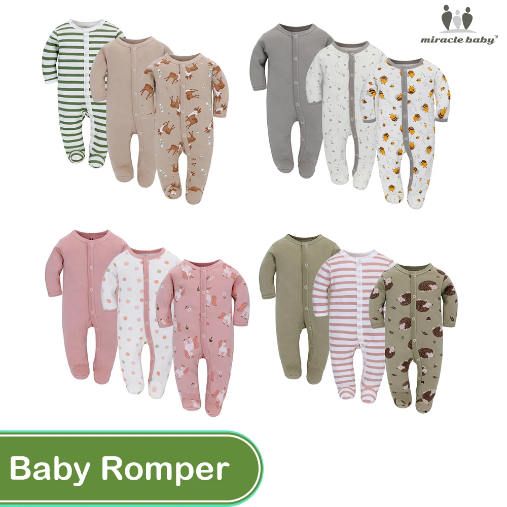 Baby Rompers Cotton Infant Pajamas Full Sleeve Toddler Breathable Jumpsuit for Four Season 3pcs