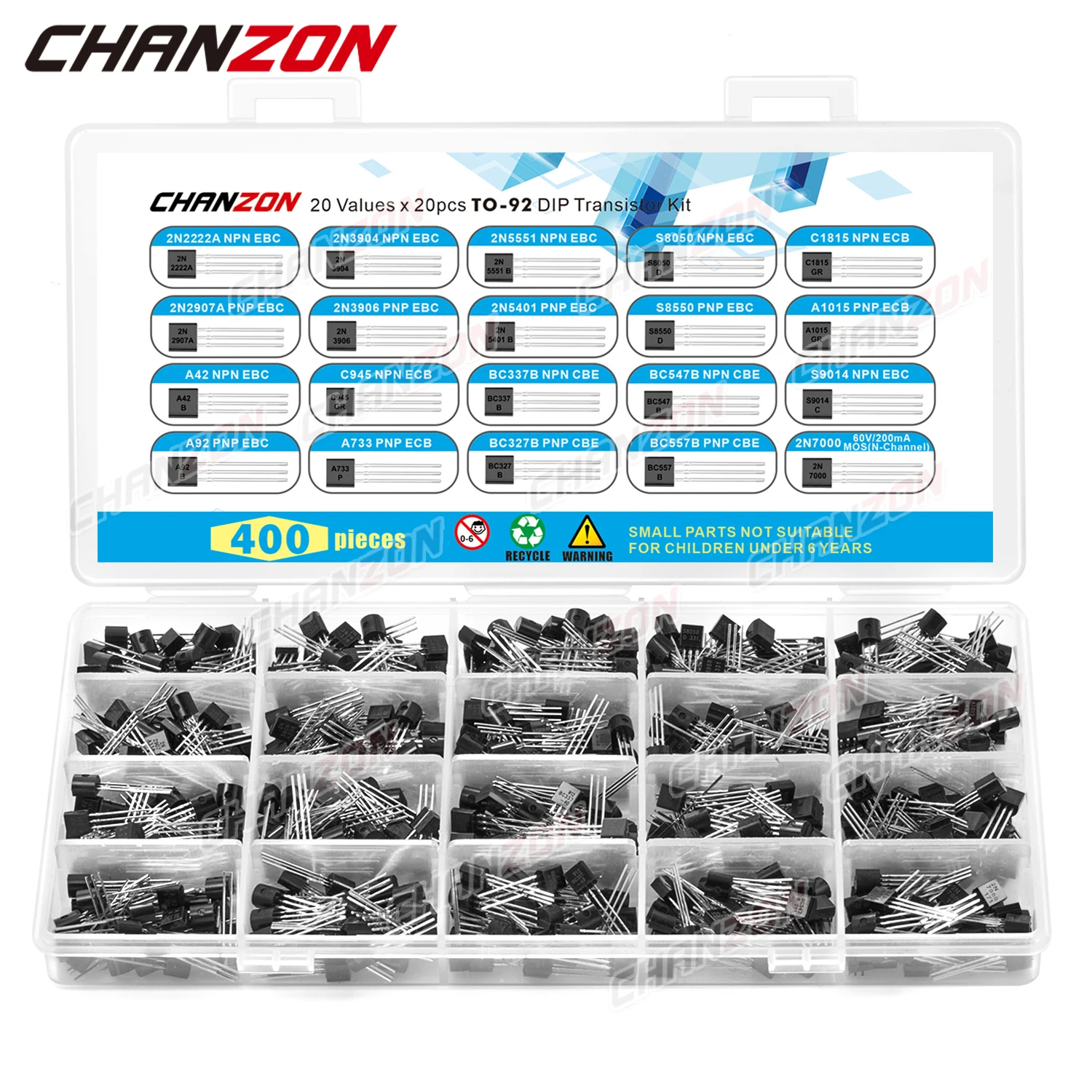 TO-92 Transistor-Kit 2N3906 2N3904 BC327 S8050 S8550 2n7000 C1815 BC547B BC547C 2N5551 2N5401 BC557B 2N4401 S9014 BC548B – Detail 7